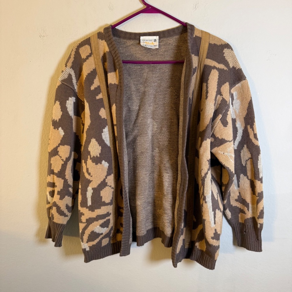 Vintage‎ Slade Pure New Wool Cardigan Abstract Brown Tan Australia Womens 16